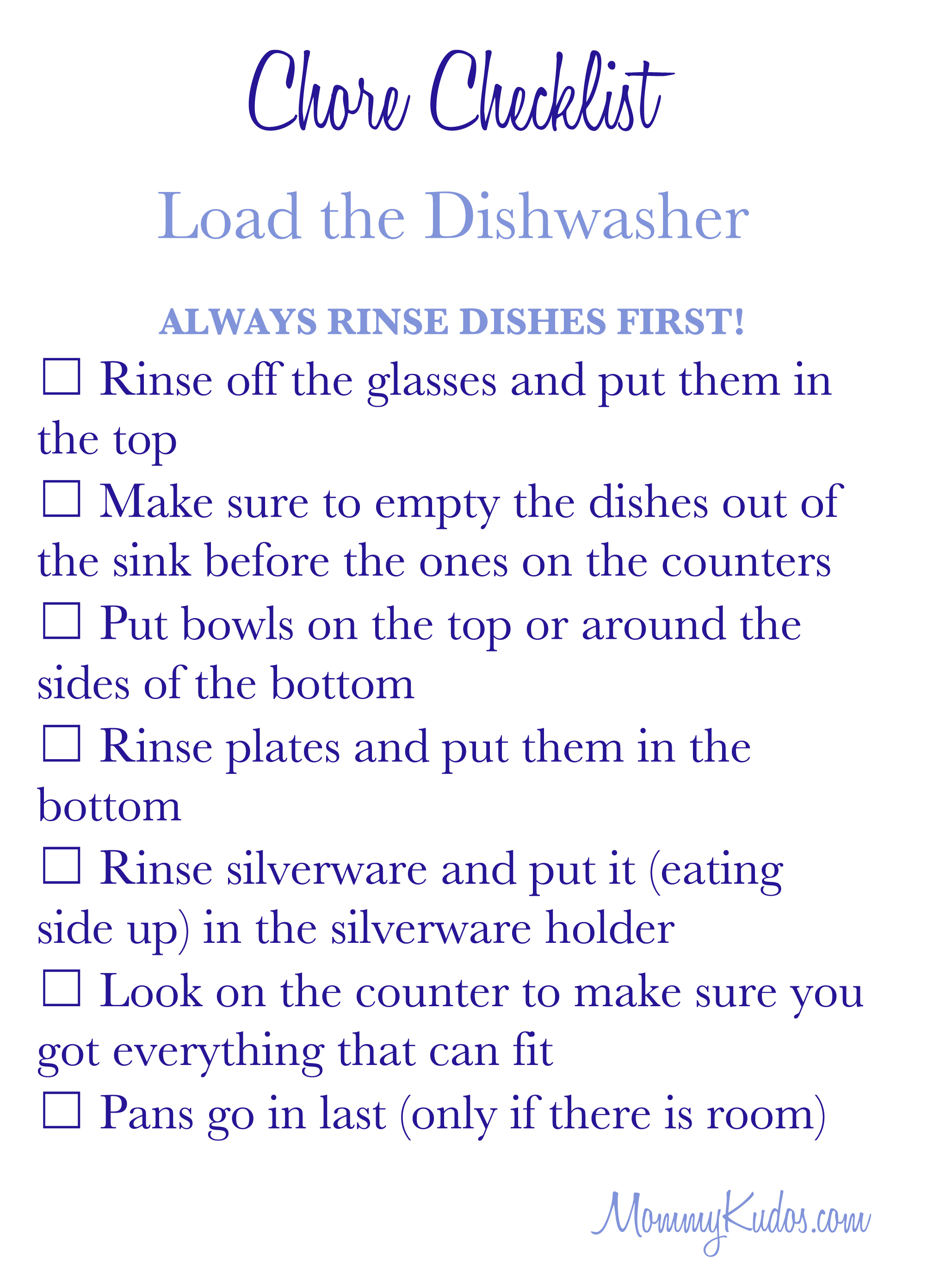 Chore Checklist- loading the dishwasher - Mommy Kudos